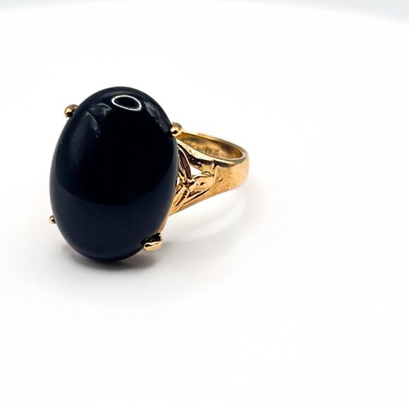 Vintage Black Onyx Cabochon Ring 18K Yellow Gold Electroplate Designer Signed - Picture 6 of 10